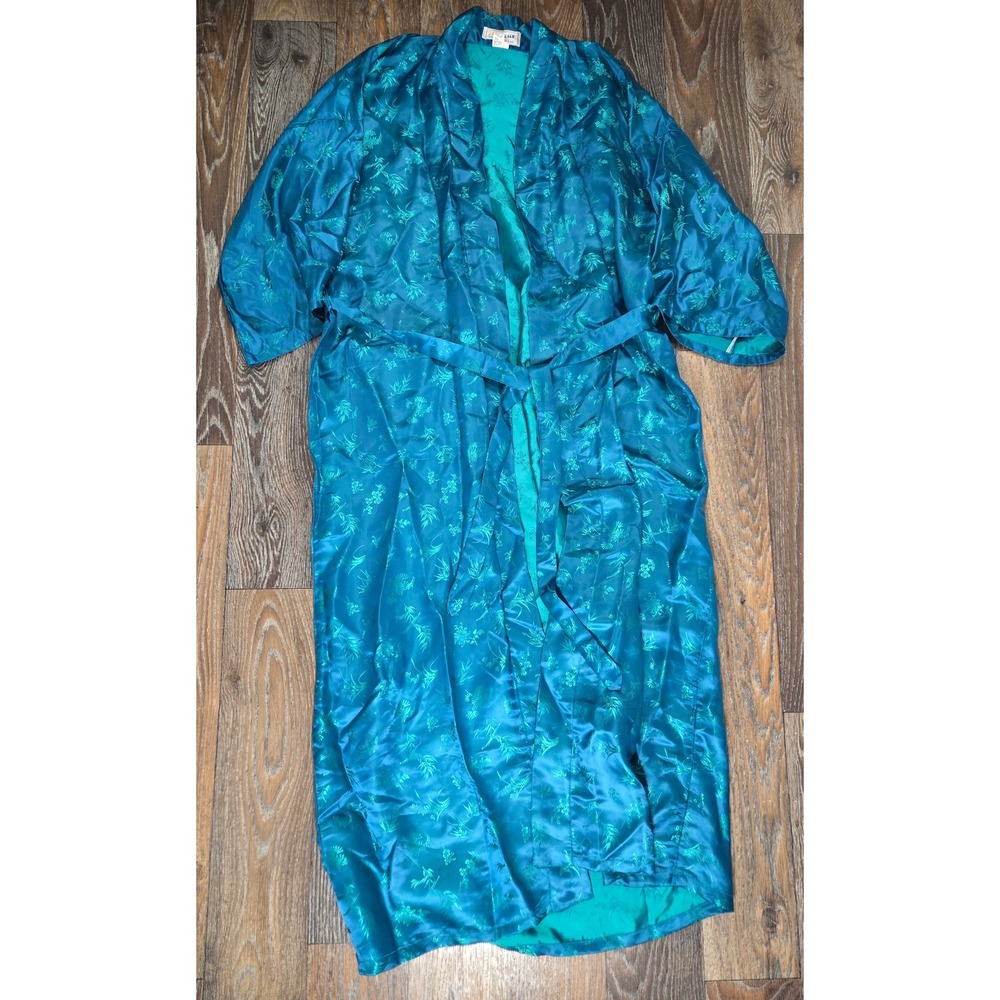 Esme Vintage 100% Pure Silk Teal Blue Floral Jacquard Kimono Robe Long Belted
